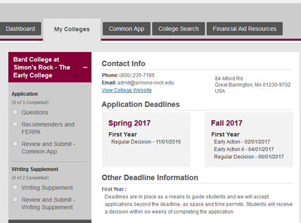 common app colleges and universities section